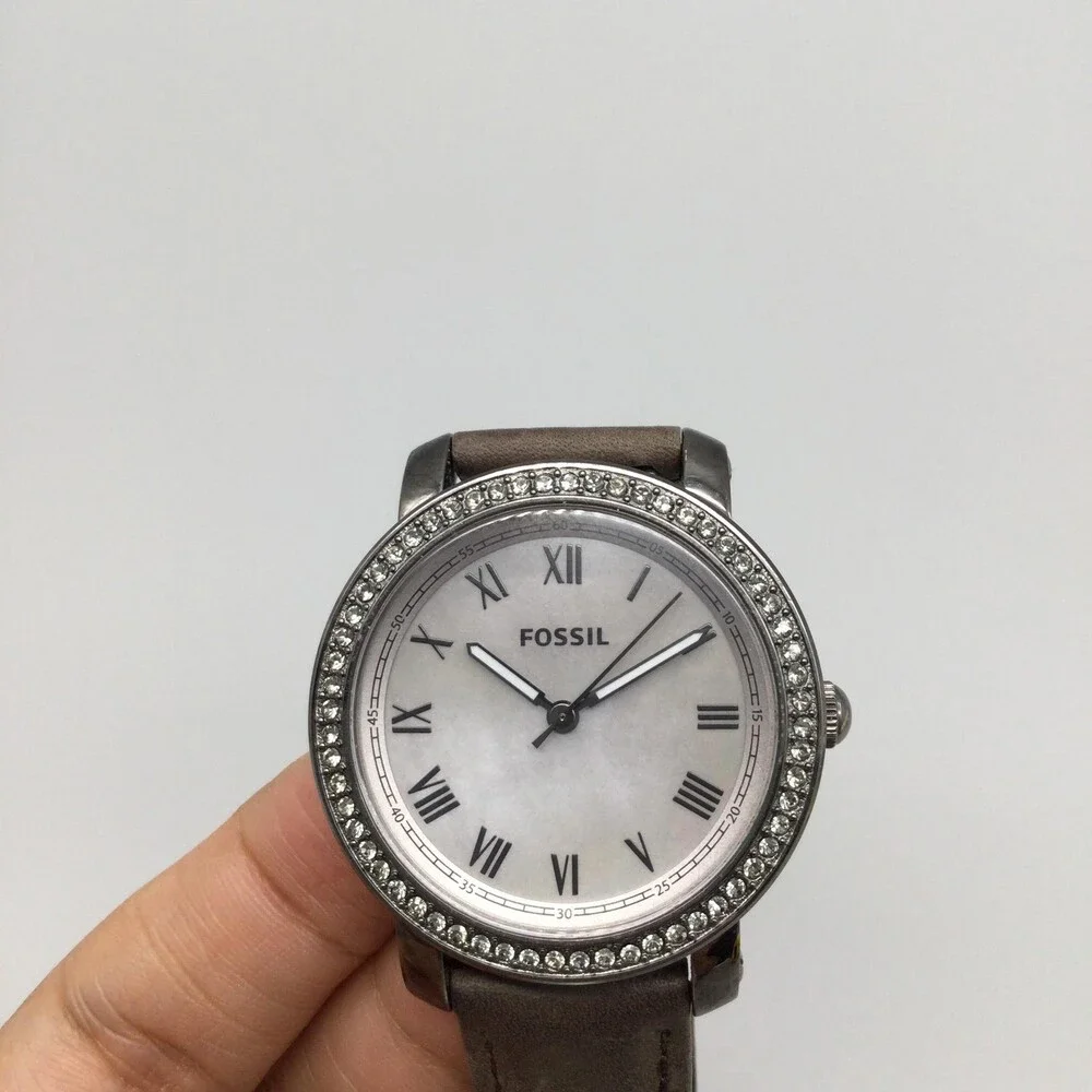 Fossil Emma ES3148 Womens Watch 38mm MOP Brown Leather Crystals New Battery